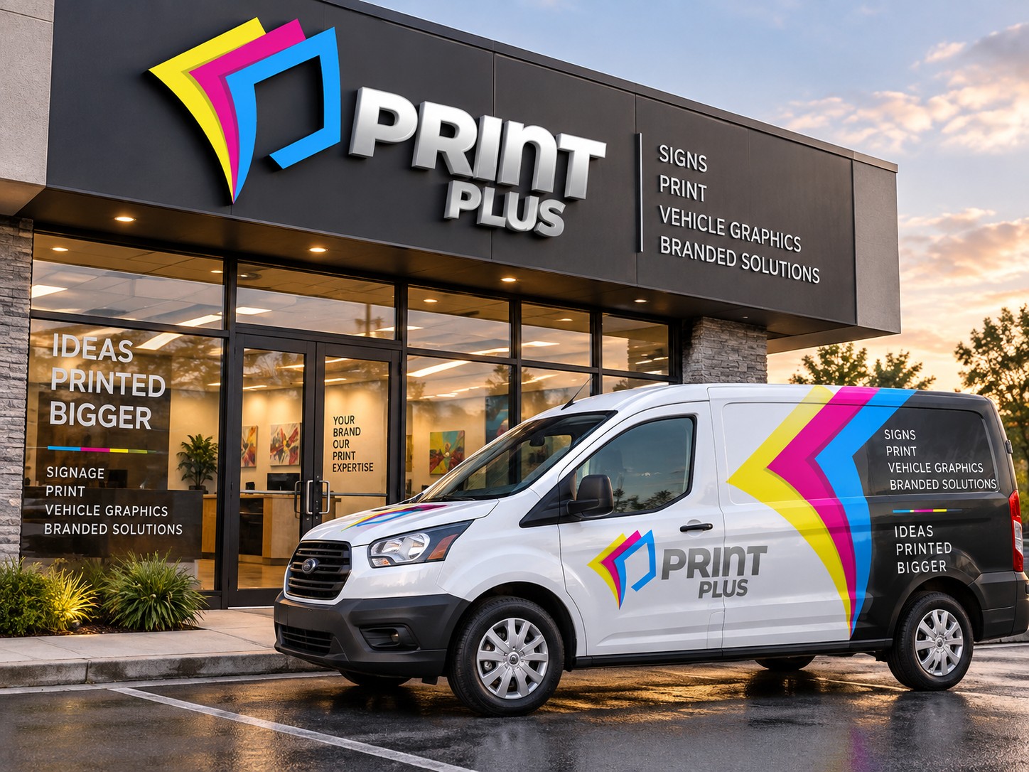 Muestra visual de rotulación con identidad Print Plus